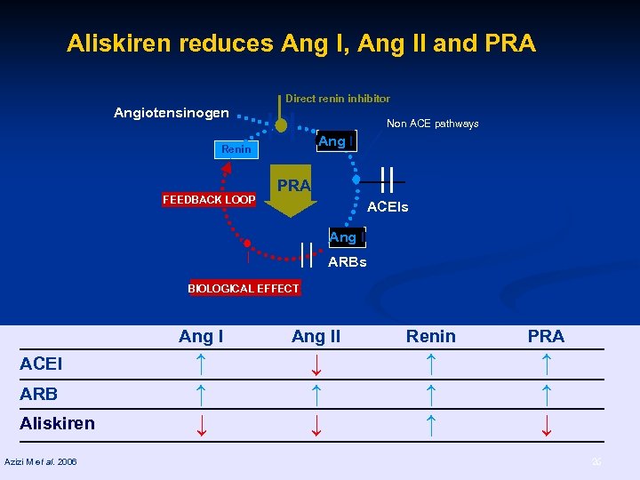 Aliskiren reduces Ang I, Ang II and PRA Direct renin inhibitor Angiotensinogen Non ACE