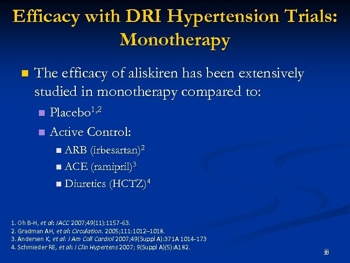 Efficacy with DRI Hypertension Trials: Monotherapy n The efficacy of aliskiren has been extensively