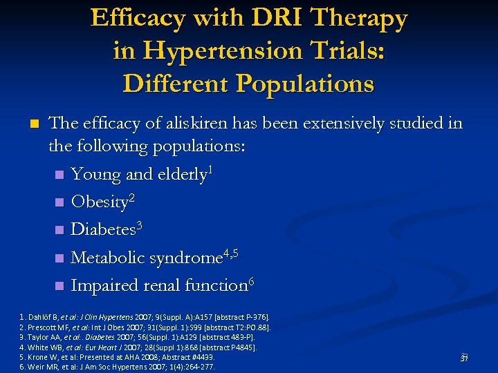 Efficacy with DRI Therapy in Hypertension Trials: Different Populations n The efficacy of aliskiren