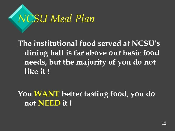 NCSU Meal Plan The institutional food served at NCSU’s dining hall is far above