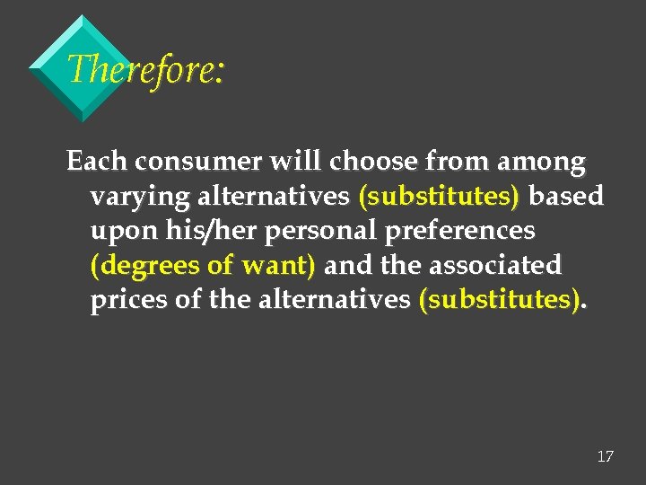 Therefore: Each consumer will choose from among varying alternatives (substitutes) based upon his/her personal