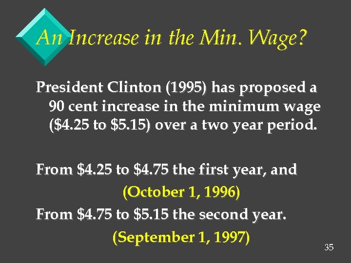 An Increase in the Min. Wage? President Clinton (1995) has proposed a 90 cent