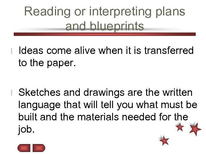 Reading or interpreting plans and blueprints l Ideas come alive when it is transferred