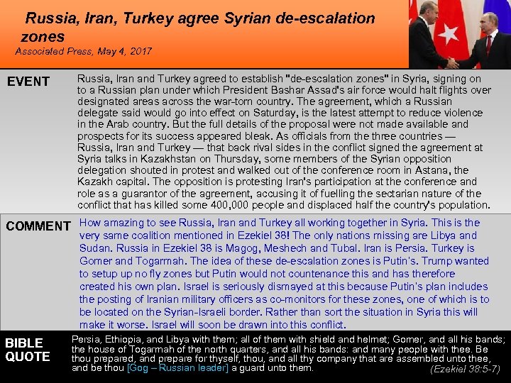 Russia, Iran, Turkey agree Syrian de-escalation zones Associated Press, May 4, 2017 EVENT Russia,