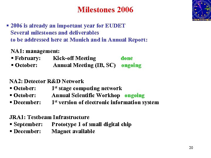 Milestones 2006 § 2006 is already an important year for EUDET Several milestones and