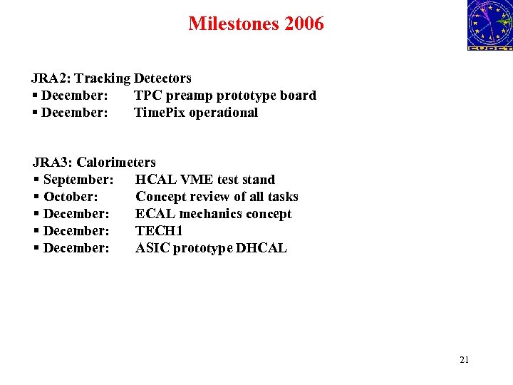 Milestones 2006 JRA 2: Tracking Detectors § December: TPC preamp prototype board § December: