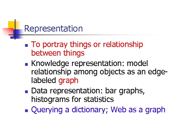 Representation n n To portray things or relationship between things Knowledge representation: model relationship