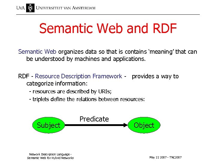 Semantic Web and RDF Semantic Web organizes data so that is contains ‘meaning’ that