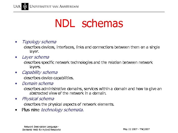 NDL schemas • Topology schema describes devices, interfaces, links and connections between them on