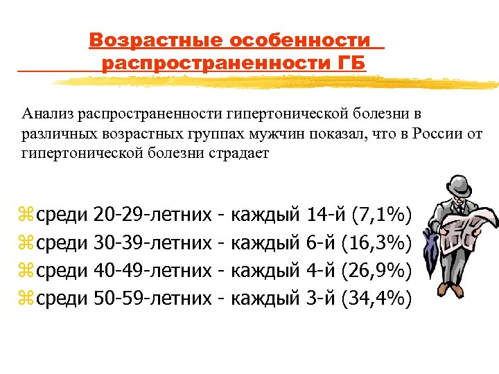 Возрастные особенности распространенности ГБ Анализ распространенности гипертонической болезни в различных возрастных группах мужчин показал,