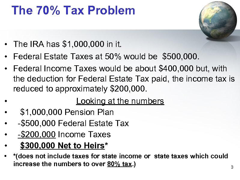 The 70% Tax Problem • The IRA has $1, 000 in it. • Federal