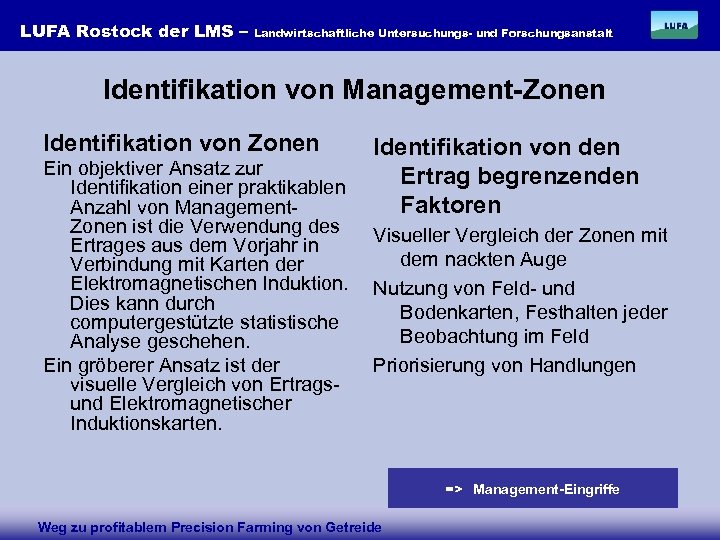LUFA Rostock der LMS – Landwirtschaftliche Untersuchungs- und Forschungsanstalt Identifikation von Management-Zonen Identifikation von