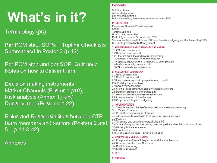 What’s in it? Terminology (p 6) Per PCM step, SOPs + Topline Checklists Summarised