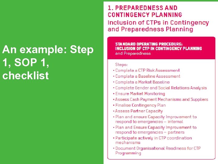 An example: Step 1, SOP 1, checklist 