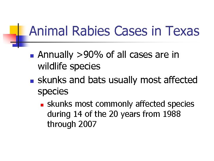 Animal Rabies Cases in Texas n n Annually >90% of all cases are in