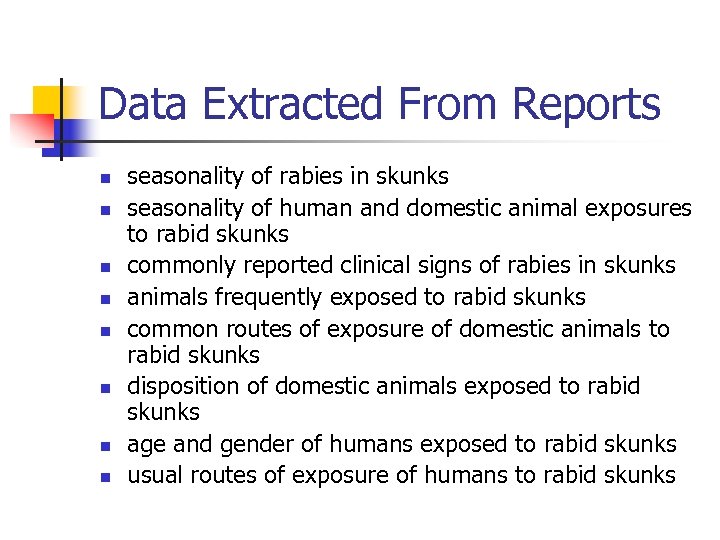 Data Extracted From Reports n n n n seasonality of rabies in skunks seasonality