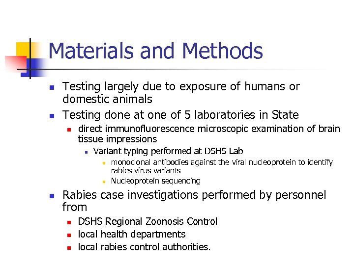 Materials and Methods n n Testing largely due to exposure of humans or domestic
