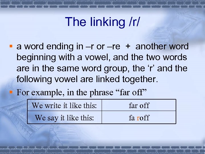 The linking /r/ § a word ending in –r or –re + another word