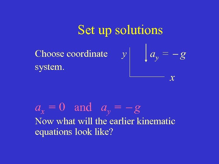 Set up solutions Choose coordinate system. y ax = 0 and ay = g