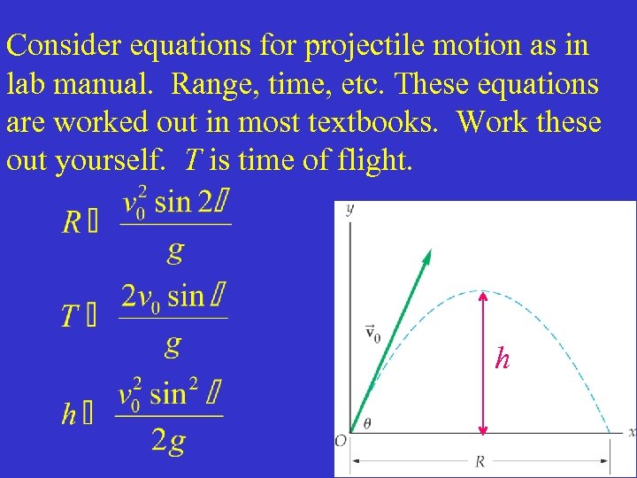 Consider equations for projectile motion as in lab manual. Range, time, etc. These equations