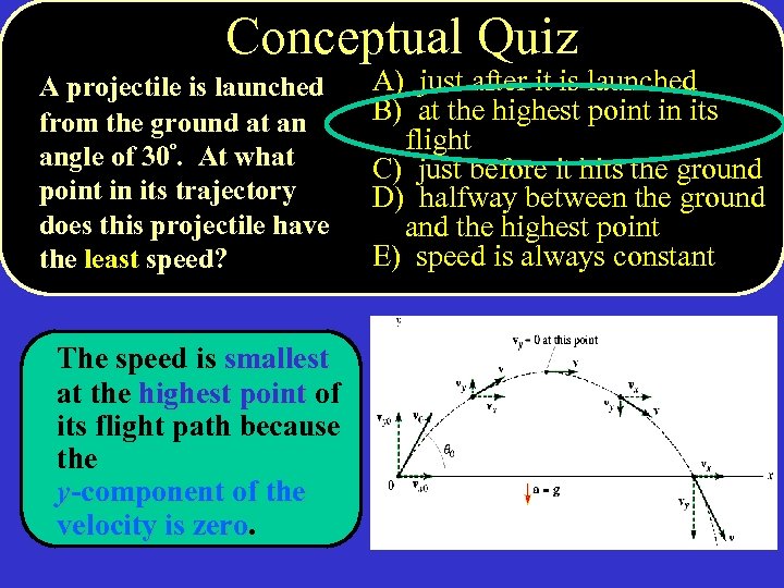 Conceptual Quiz A projectile is launched from the ground at an angle of 30º.