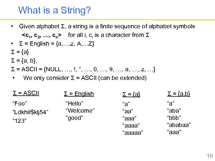 What is a String? • Given alphabet Σ, a string is a finite sequence