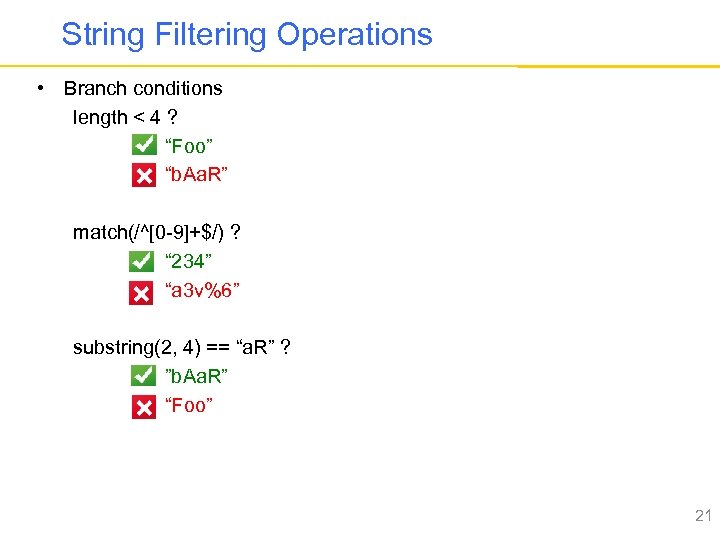 String Filtering Operations • Branch conditions length < 4 ? “Foo” “b. Aa. R”