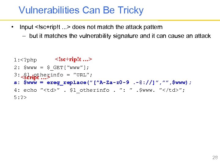 Vulnerabilities Can Be Tricky • Input <!sc+rip!t. . . > does not match the