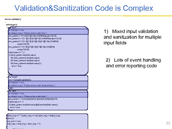 Validation&Sanitization Code is Complex function validate() {. . . switch(type) { case "time": var