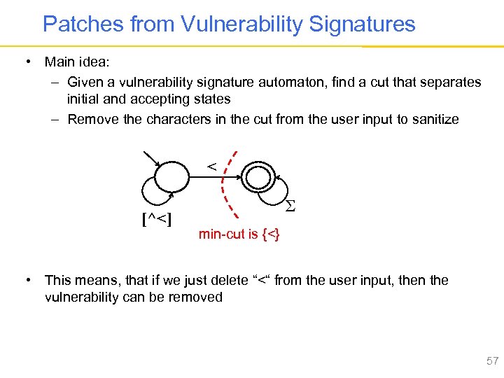 Patches from Vulnerability Signatures • Main idea: – Given a vulnerability signature automaton, find