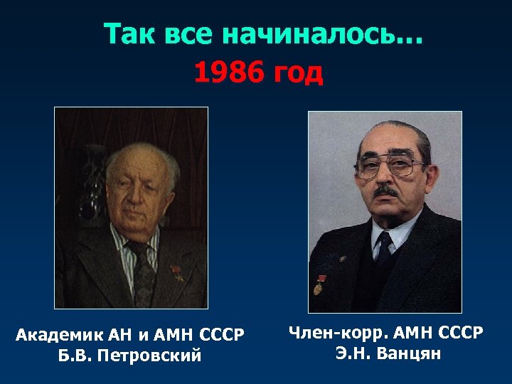 Так все начиналось… 1986 год Академик АН и АМН СССР Б. В. Петровский Член-корр.