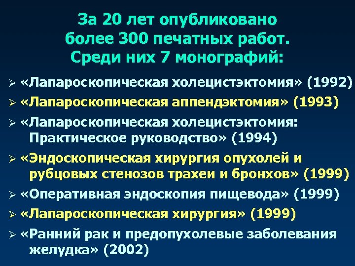За 20 лет опубликовано более 300 печатных работ. Среди них 7 монографий: Ø «Лапароскопическая