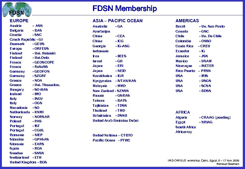 FDSN Membership EUROPE ASIA – PACIFIC OCEAN AMERICAS Austria - ASN Bulgaria - BAS