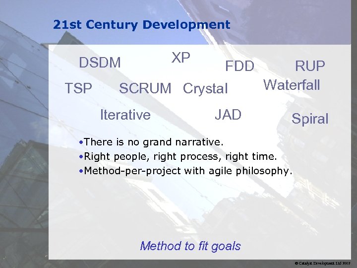 21 st Century Development XP DSDM TSP FDD SCRUM Crystal Iterative JAD RUP Waterfall