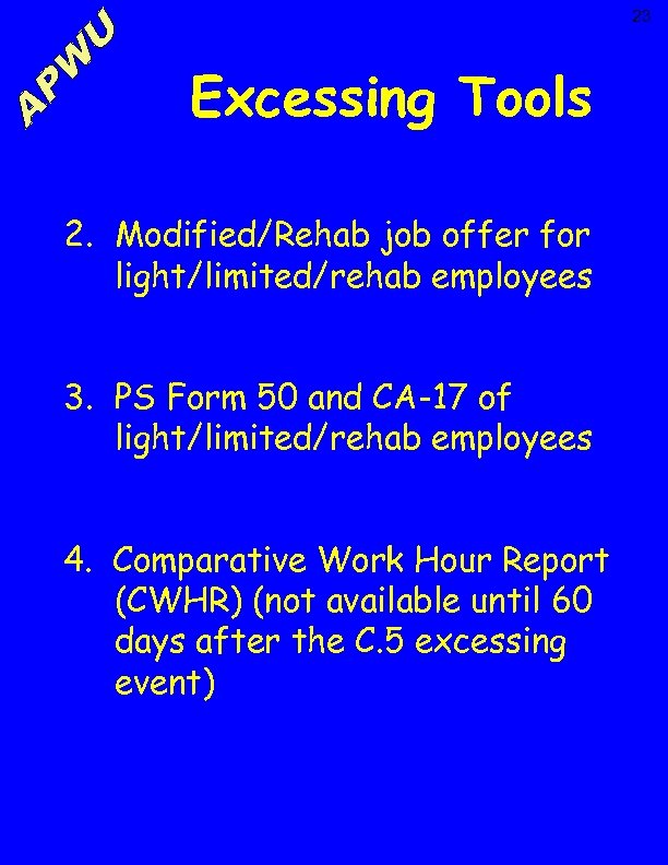 23 Excessing Tools 2. Modified/Rehab job offer for light/limited/rehab employees 3. PS Form 50