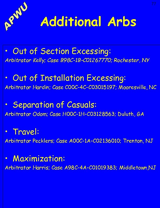 77 Additional Arbs • Out of Section Excessing: Arbitrator Kelly; Case B 98 C-1