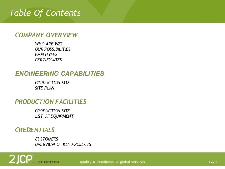Table Of Contents COMPANY OVERVIEW WHO ARE WE? OUR POSSIBILITIES EMPLOYEES CERTIFICATES ENGINEERING CAPABILITIES