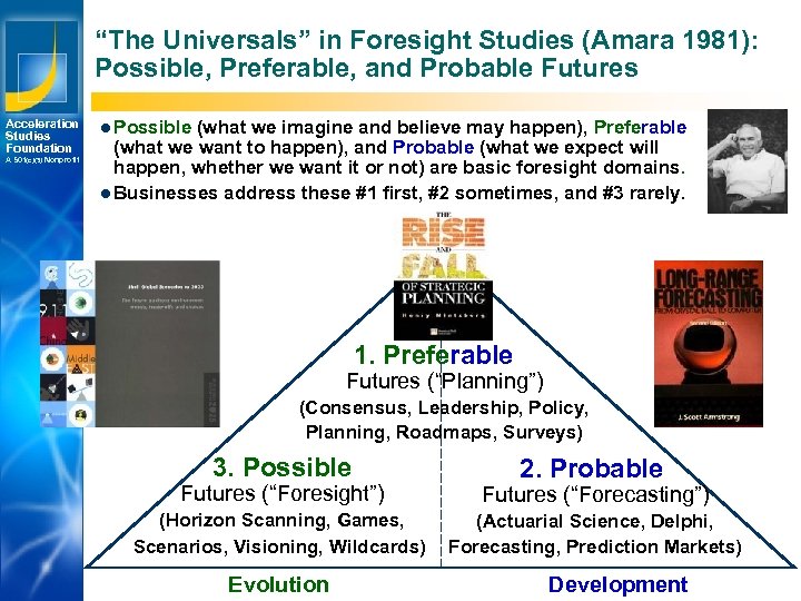 “The Universals” in Foresight Studies (Amara 1981): Possible, Preferable, and Probable Futures Acceleration Studies