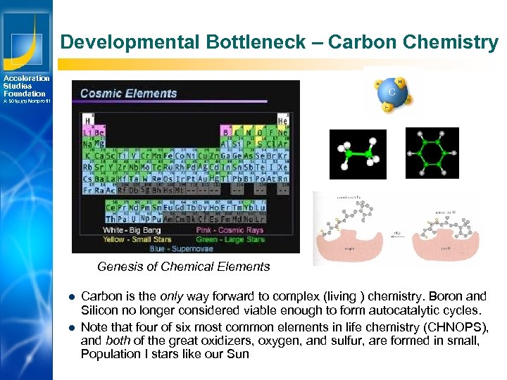 Developmental Bottleneck – Carbon Chemistry Acceleration Studies Foundation A 501(c)(3) Nonprofit Genesis of Chemical