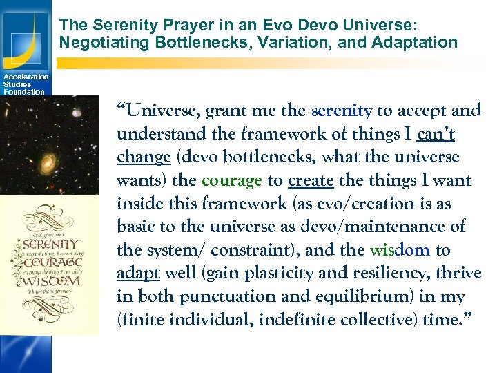 The Serenity Prayer in an Evo Devo Universe: Negotiating Bottlenecks, Variation, and Adaptation Acceleration