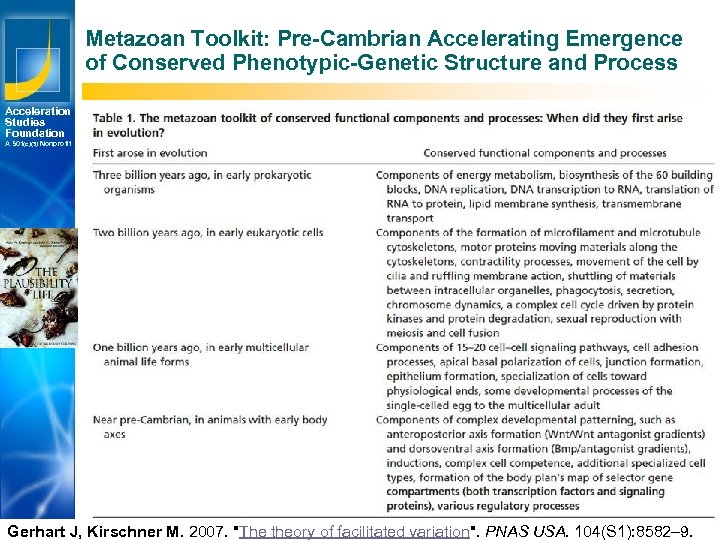 Metazoan Toolkit: Pre-Cambrian Accelerating Emergence of Conserved Phenotypic-Genetic Structure and Process Acceleration Studies Foundation