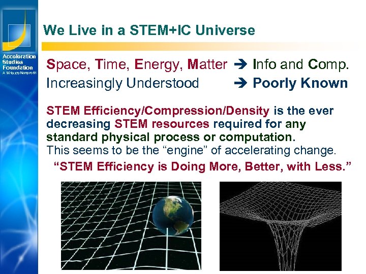 We Live in a STEM+IC Universe Acceleration Studies Foundation A 501(c)(3) Nonprofit Space, Time,