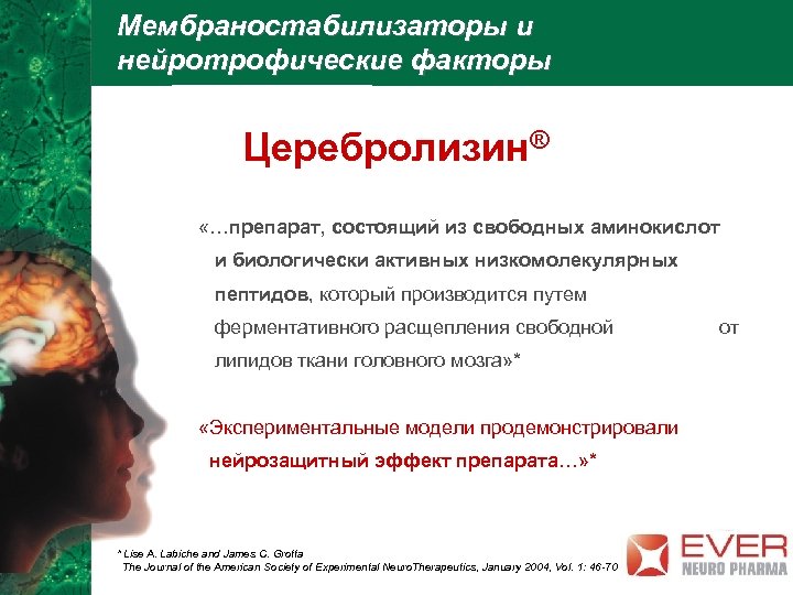 Мембраностабилизаторы и нейротрофические факторы Церебролизин® «…препарат, состоящий из свободных аминокислот и биологически активных низкомолекулярных