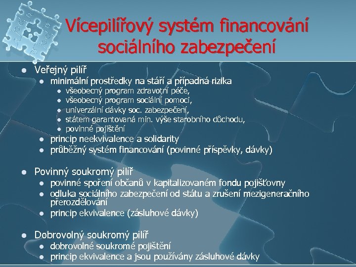 Vícepilířový systém financování sociálního zabezpečení l Veřejný pilíř l minimální prostředky na stáří a