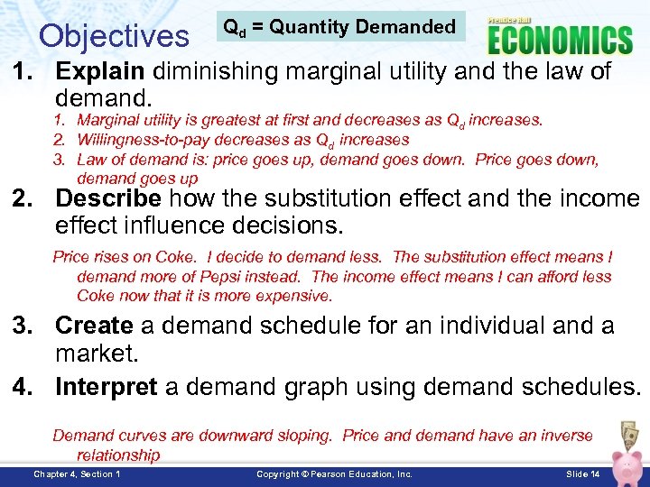 Objectives Qd = Quantity Demanded 1. Explain diminishing marginal utility and the law of