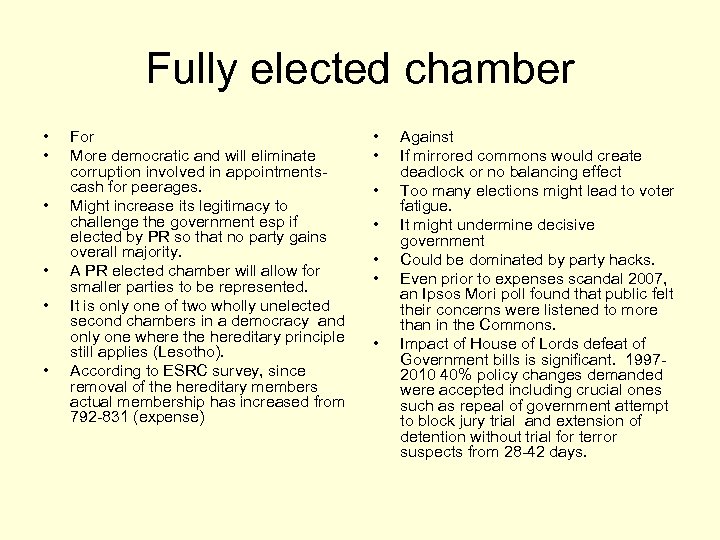 Fully elected chamber • • • For More democratic and will eliminate corruption involved