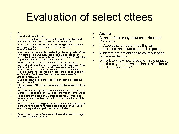 Evaluation of select cttees • • • For The whip does not apply Can