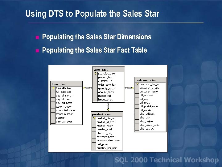 Using DTS to Populate the Sales Star n Populating the Sales Star Dimensions n