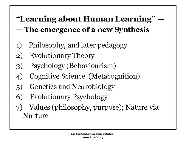“Learning about Human Learning” — — The emergence of a new Synthesis 1) 2)