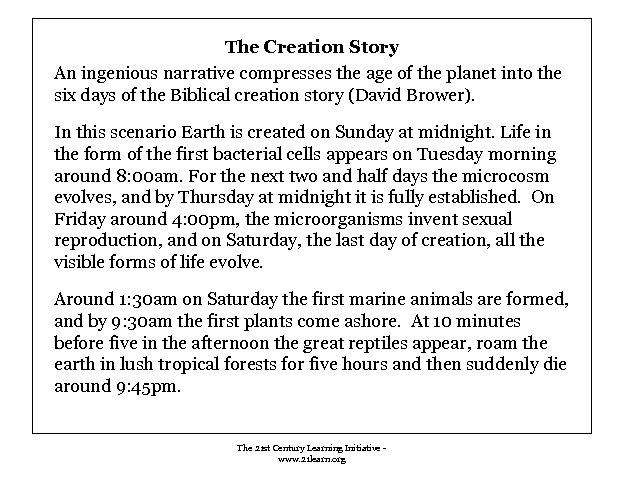 The Creation Story An ingenious narrative compresses the age of the planet into the